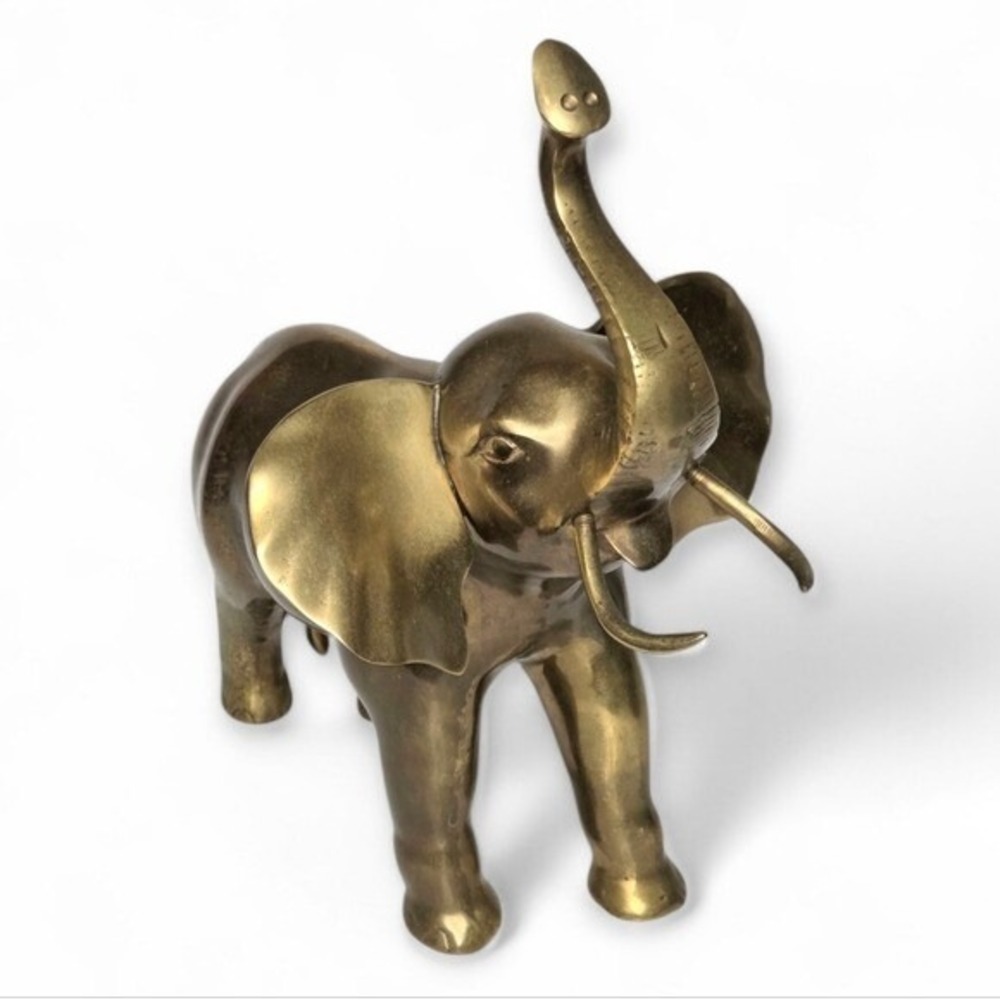 Vintage Mid Century Solid Brass Elephant Figurine Trunks Up Good Luck Decor 13" - Picture 2 of 11